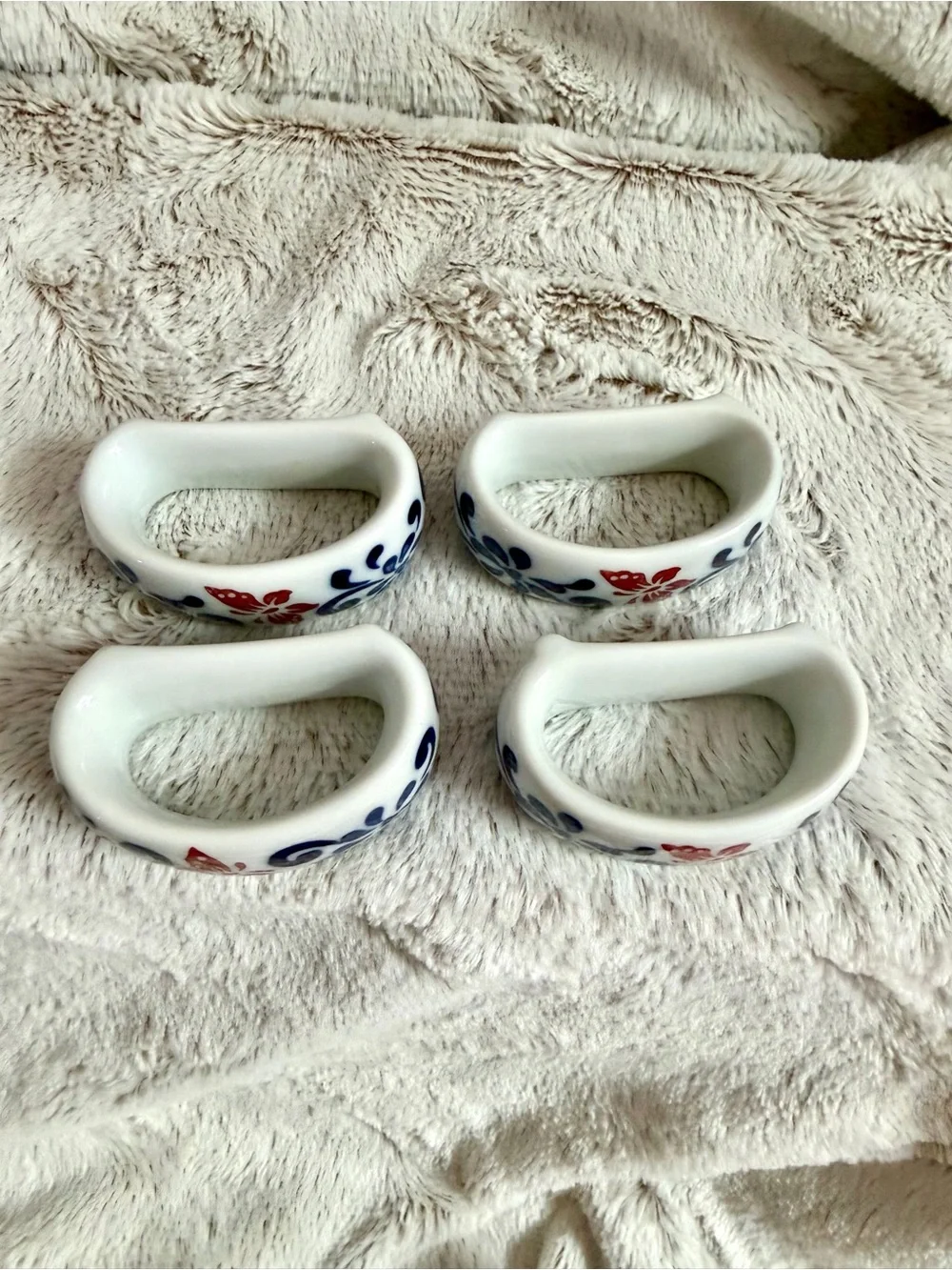 Pier 1 White Ceramic Napkin Rings with Blue Floral and Red Butterfly Motif